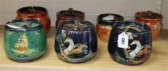 Three Crown Fieldings lustre tobacco jars, including two Pegasus and four other lustre tobacco jars (7)